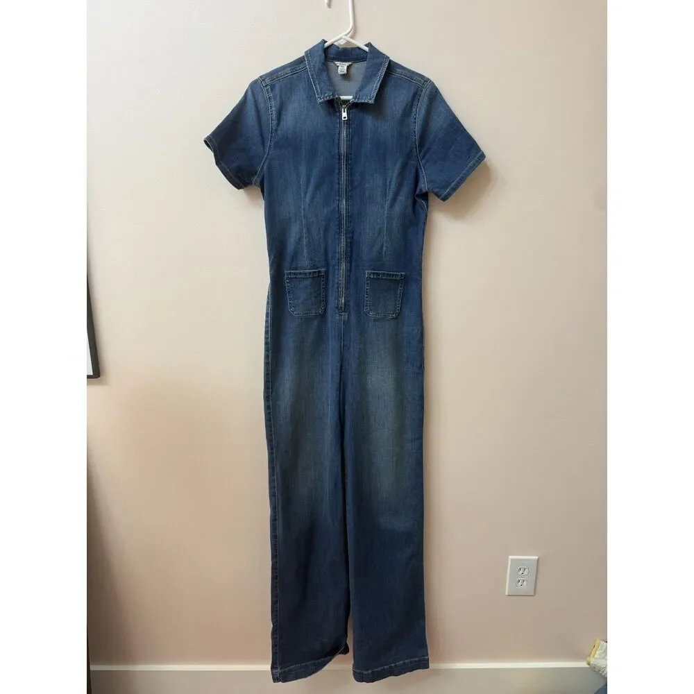Guess Short Sleeve Zipper Front Denim Wide Leg Jumpsuit Vintage Style L - Picture 1 of 4